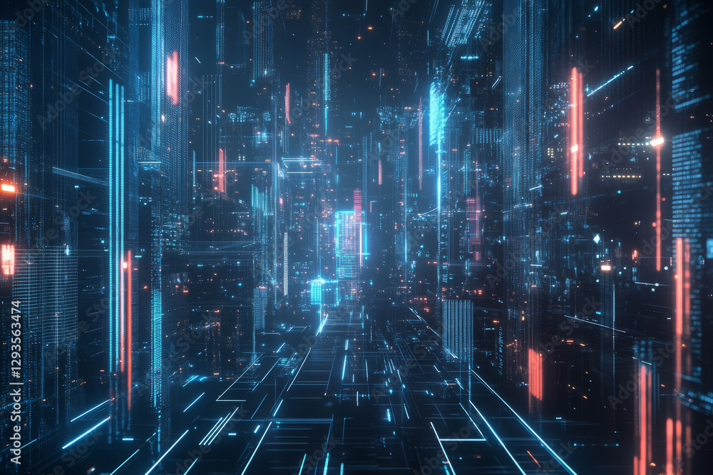 Poster a futuristic smart city interface, displaying glowing cybernetic skyscrapers, interconnected ai-powe