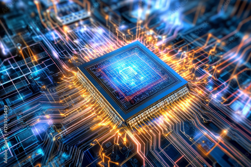 Poster a futuristic quantum ai-driven processor, surrounded by swirling cybernetic energy trails, glowing h