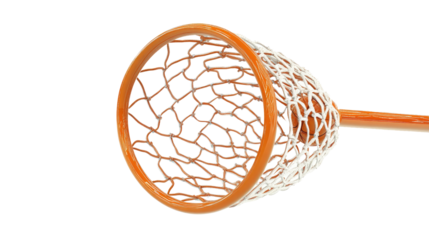 Orange fishing net with a fine mesh design lies against a white background, ready for use during a fishing trip at the lake