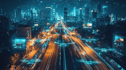 Obraz premium A futuristic night city with glowing roads, autonomous vehicles, and drones buzzing around holographic advertisements