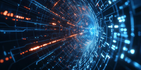 Obraz premium A mesmerizing futuristic AI-driven high-speed automated trading system, displaying glowing cybernetic algorithmic investment pathways, pulsating holographic predictive market analytics grids, and