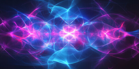 Naklejka premium A visually dynamic abstract background featuring radiant energy circuits forming an intricate cyber grid. The glowing pathways pulsate with vibrant electric blue and magenta hues, seamlessly blending