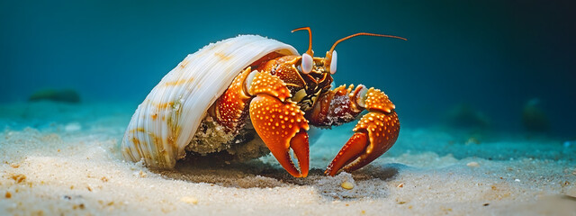 A hermit crab, its shell is white and has orange legs walking along the sandy beach
