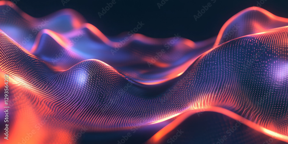 Poster a visually dynamic abstract background with undulating metallic waves, infused with glowing neon par