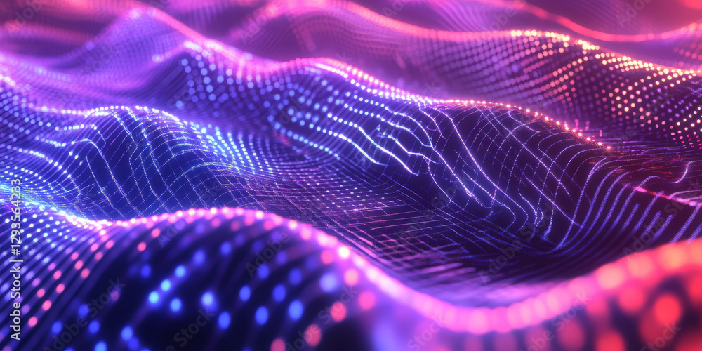 Poster a futuristic abstract background featuring cascading, softly glowing neon waves dynamically expandin