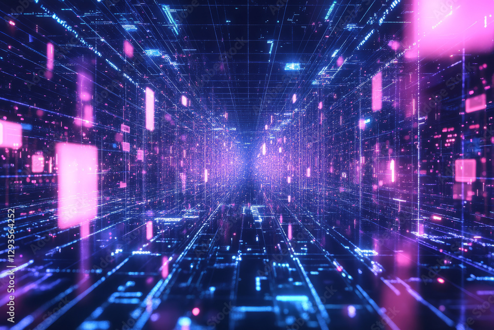 Poster a vast digital grid stretching infinitely into the distance, composed of glowing interconnected node