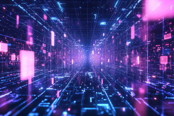 Obraz premium A vast digital grid stretching infinitely into the distance, composed of glowing interconnected nodes, pulsating cybernetic circuits, and floating holographic UI elements. The futuristic high-tech