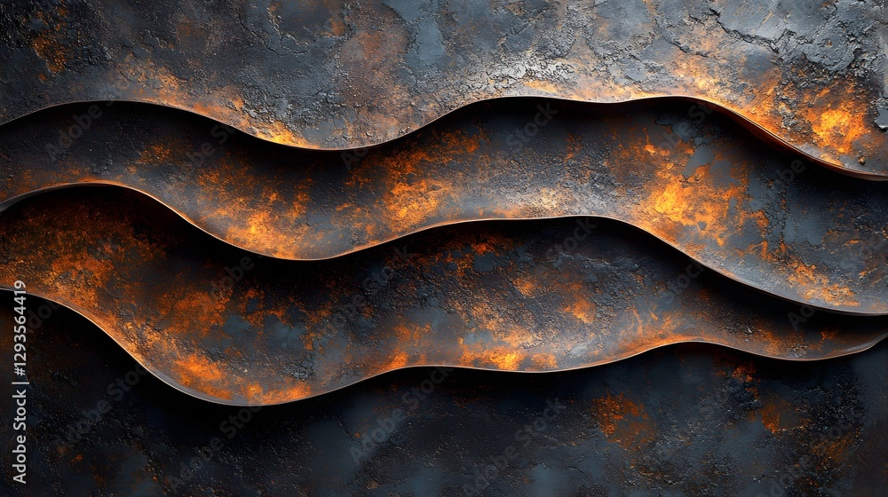 Aufkleber Dark and orange rusted metal waves creating an abstract textured background. Perfect for design or wallpaper. Abstract Rusted Metal Waves: A Dark and Orange Textured Background