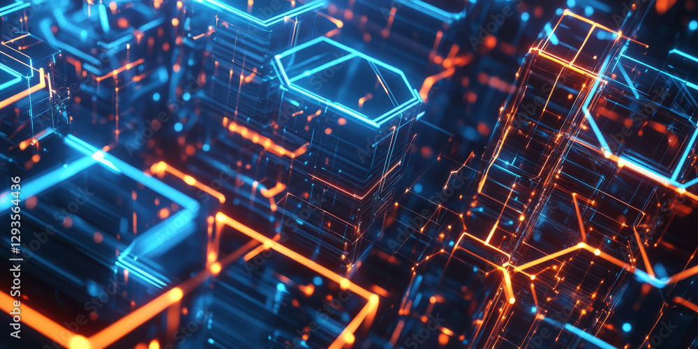 Poster a futuristic abstract background featuring a seamless network of glowing geometric shapes, interconn
