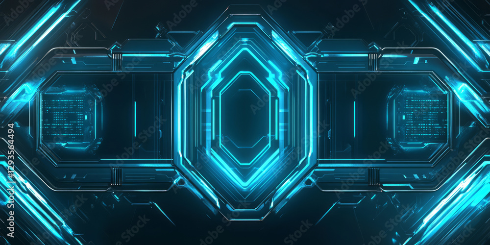 Poster a high-tech abstract background featuring layered transparent digital screens, holographic data disp