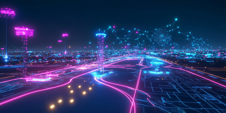A futuristic AI-powered real-time air traffic management system, featuring glowing cybernetic flight optimization pathways, pulsating holographic predictive route planning grids, and swirling