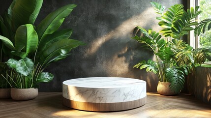 Modern interior featuring a marble coffee table and lush indoor plants