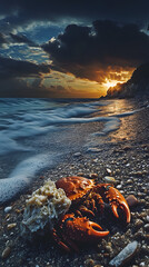 A hermit crab, its shell is white and has orange legs walking along the sandy beach
