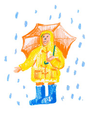 Man with umbrella in rain with crayons on white isolated background. Autumn illustration with people in oil pastels in children's style