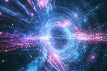 A futuristic representation of AI-powered deep-space communication, featuring glowing holographic cosmic data streams, pulsating cybernetic energy waves, and swirling quantum signals. The high-tech