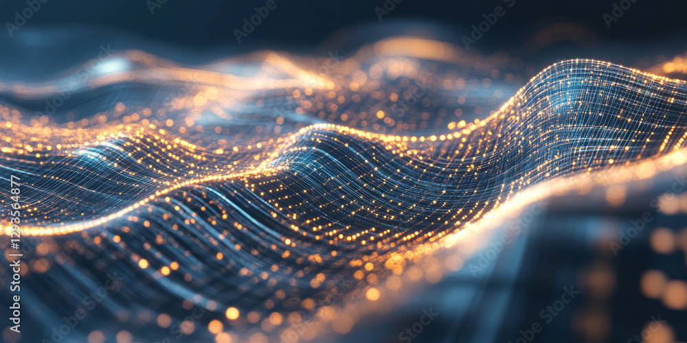 Poster a futuristic abstract background featuring softly pulsating waves of iridescent light, forming a sea
