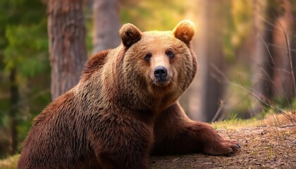 Funny Brown Bear Sitting Amidst the Enchanting Forest Landscape, Showcasing a Playful and Whimsical Mood with Earthy Tones and Genuine Textures.