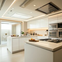 Fototapeta premium The white modern kitchen features a minimalist design and modern amenities