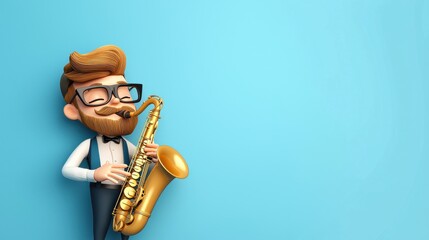 Naklejka premium Jazz performance by a cute cartoon saxophone player urban scene animated art bright and cheerful environment fun concept