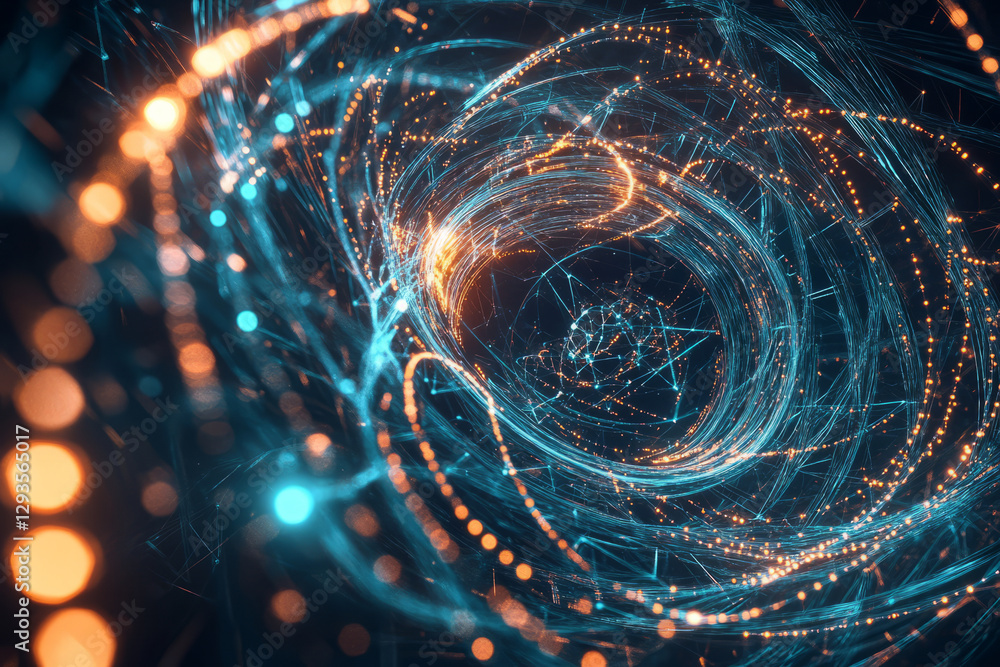 Poster a swirling mass of cybernetic energy, forming an abstract ai-driven neural network visualization. th