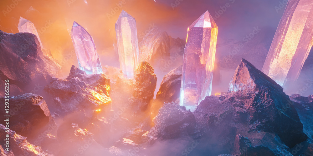 Poster a breathtaking abstract background featuring layered crystalline formations, illuminated by diffused