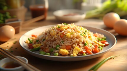 Colorful plate of fried rice with vegetables and eggs on a wooden table, surrounded by condiments and ingredients