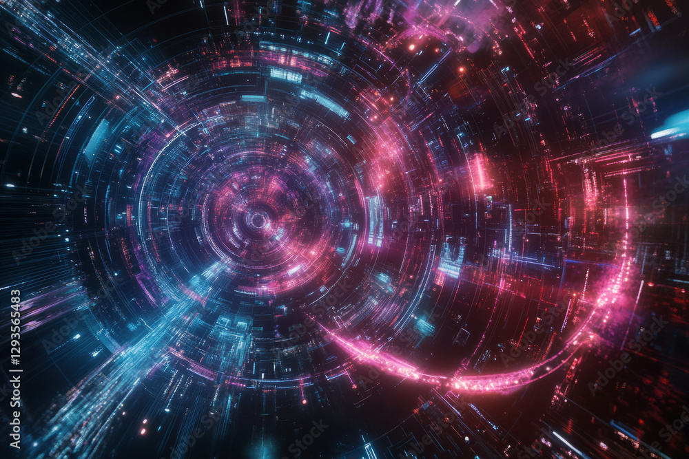 Poster a futuristic visualization of a high-speed ai-driven data highway, featuring glowing cybernetic conn