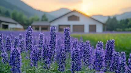 Sunset lavender field, rural farm background, idyllic scene, nature postcard