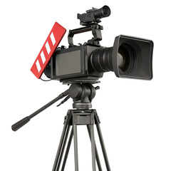 breaking news concept, Professional video camera on tripod with a clapperboard attached. isolated on a white background.