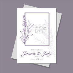 Line Art Lavender Flowers. Lavender Wedding Invitation template, Outline Lavender Flowers Minimalist Wedding Design, Summer Wedding invite template