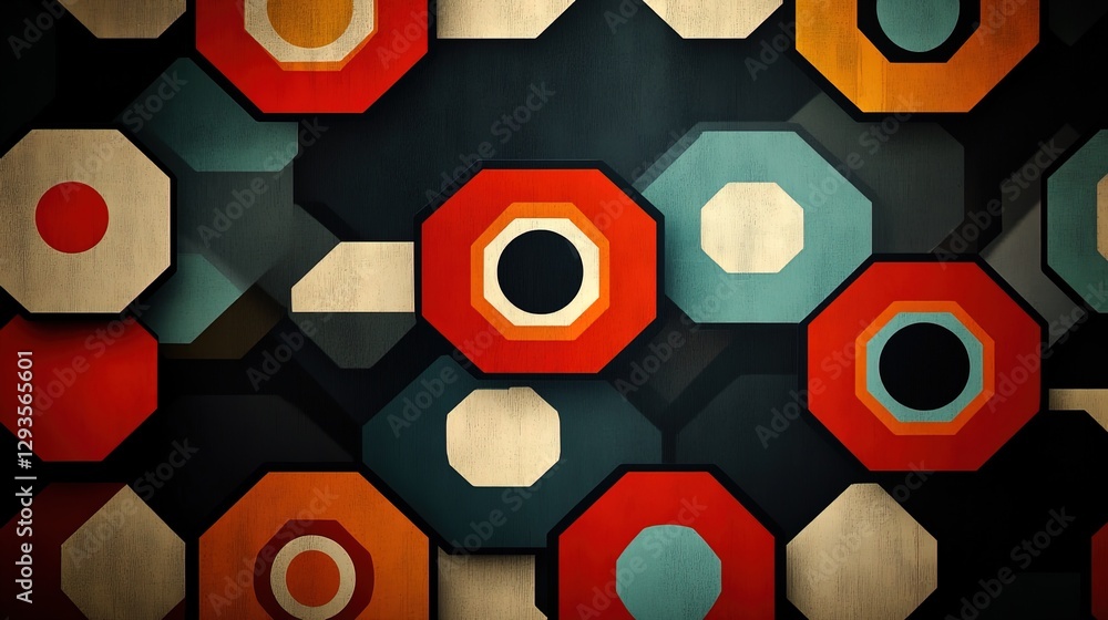 Poster bold geometric pattern of hexagons and circles in contrasting colors, giving a retro vibe