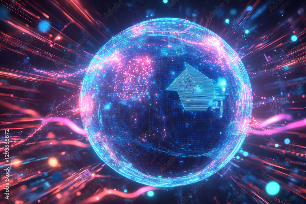 Poster a mesmerizing futuristic ai-driven data sphere, surrounded by swirling cybernetic energy trails, glo