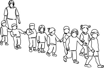 One continuous single drawing line art flat doodle child, teacher, education, childhood, student, woman, friendship, group. Isolated image hand draw contour on a white background, hand drawn, not AI