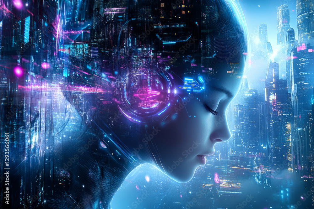 Poster abstract visualization of an ai-driven cityscape, floating holographic structures, glowing digital p