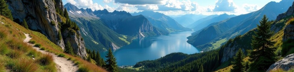 Naklejka premium Mountain trail overlooking Lake Como, dramatic cliffside, cliffs, hiking
