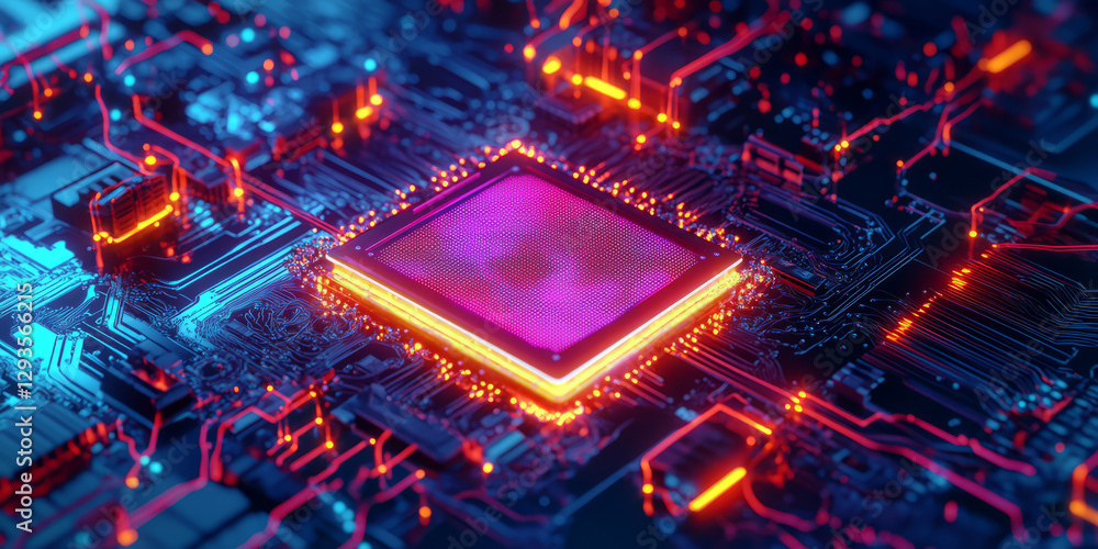 Aufkleber a glowing futuristic quantum processor, surrounded by swirling cybernetic energy streams, holographi