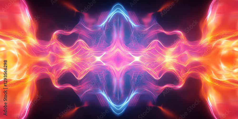 Poster a high-tech abstract background featuring luminous, flowing neon energy waves dynamically expanding 