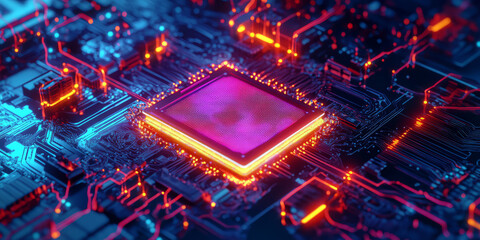 Obraz premium A glowing futuristic quantum processor, surrounded by swirling cybernetic energy streams, holographic machine learning pathways, and pulsating AI-driven intelligence grids. The high-tech abstract