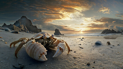 A hermit crab, its shell is white and has orange legs walking along the sandy beach
