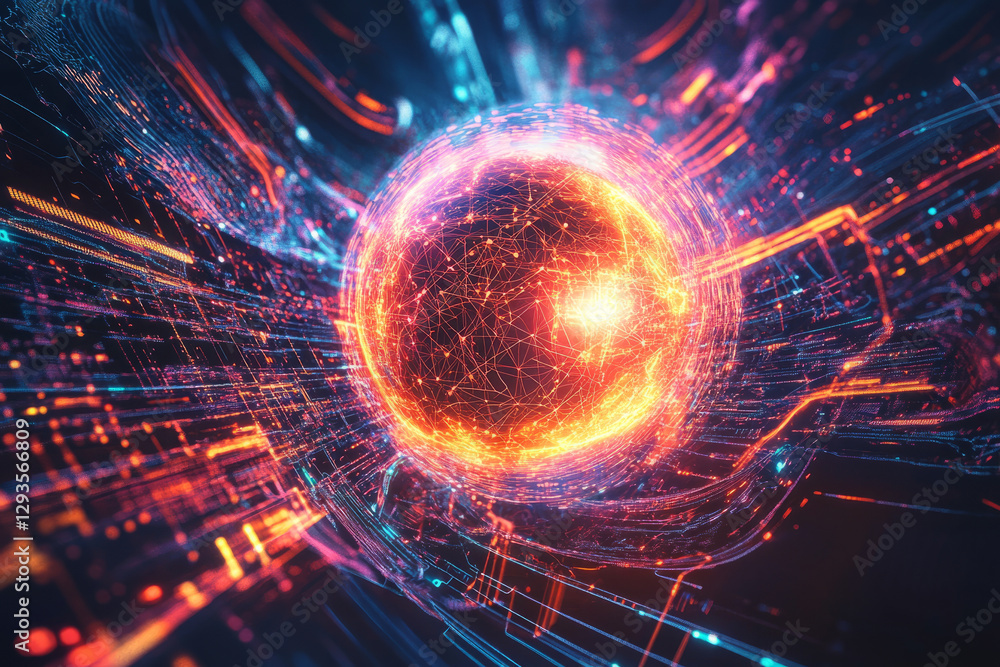 Aufkleber a glowing cybernetic sphere, floating in deep space, surrounded by swirling holographic data streams