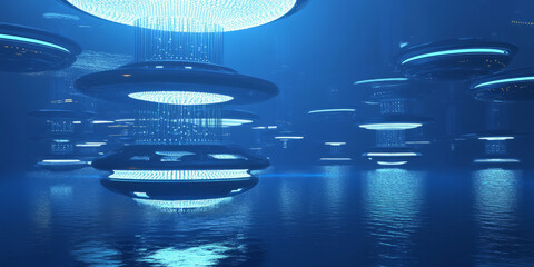 A mesmerizing futuristic AI-driven oceanic carbon capture system, displaying glowing cybernetic real-time CO2 absorption pathways, pulsating holographic marine ecosystem preservation grids, and