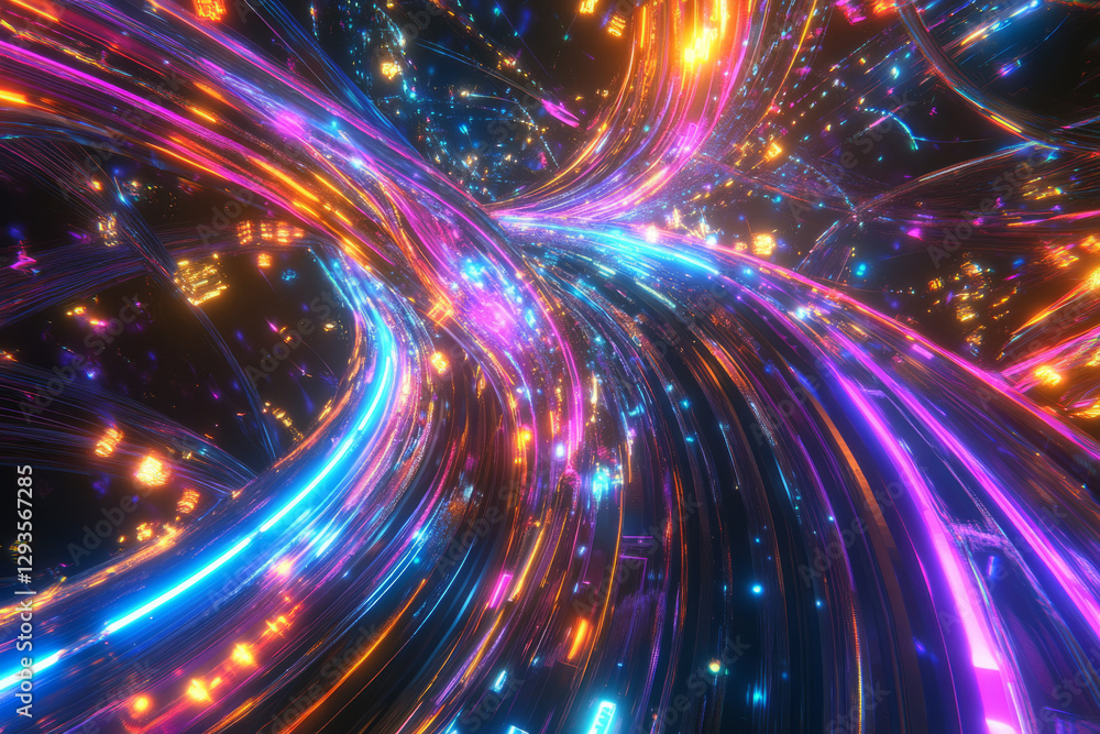 Aufkleber a futuristic visualization of a high-speed ai-driven data highway, featuring glowing cybernetic conn