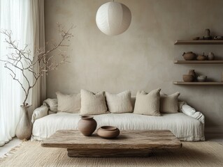 A living room with a white couch and a coffee table. There are two vases on the table