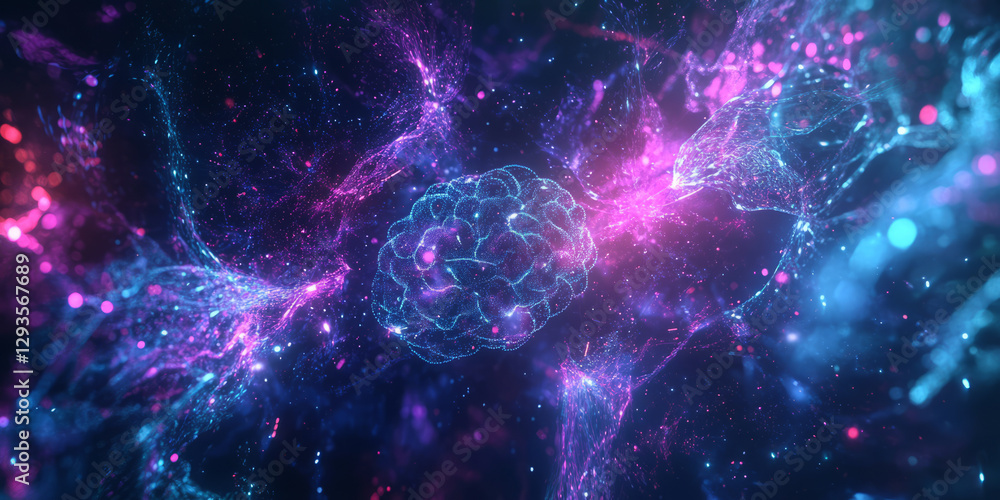 Poster a mesmerizing futuristic quantum ai-driven brain simulation, featuring glowing holographic neurons, 