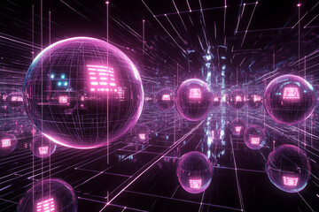 Obraz premium Technology, abstract, background illustrating a cybernetic future with luminous data streams flowing through a dark, grid-like space. Floating, transparent spheres reflect digital symbols, while