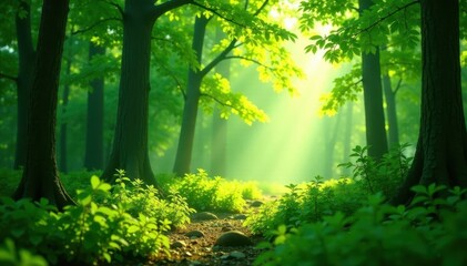Fototapeta premium Emerald green forest bathed in warm, ethereal sunlight; shafts of light pierce the leaves , woods, calm, magical