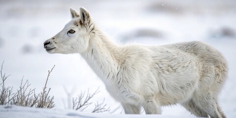 Obraz premium White young horse standing in a snowy field, looking curious.