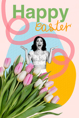 Trend artwork banner 3D photo collage of excited emotion young lady smile happy easter festive springtime tradition tulip flower bouquet