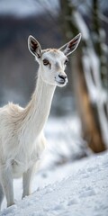 Obraz premium Young deer standing in snow, looking alert.