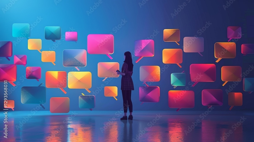 Poster A visitor stands in a dimly lit room surrounded by colorful speech bubbles illuminated on the walls, symbolizing dialogue and interaction in a contemporary art setting.